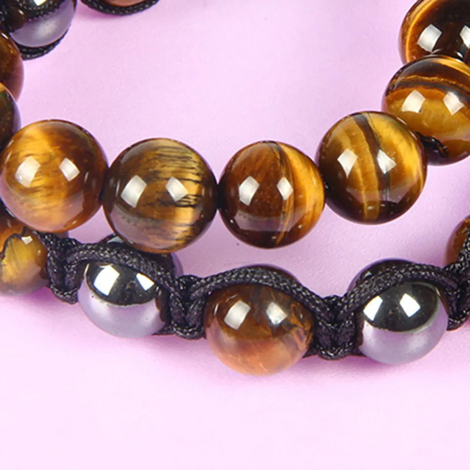 New Wholesale Fashion Mens Woven Bracelet High Quality 10mm Hematite and Tiger Eye Stone Bead Jewelry