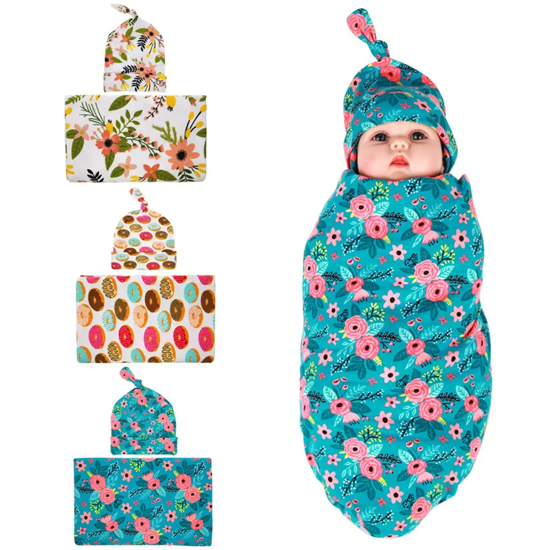 Bebê recém-nascido Coberturas Cobertores Headbands Headbands Chapéu Floral Set Bebê Swaddle Wrap Cobertor 90 * 90 cm Infantil algodão envoltório pano de pano de pano livre BHB03