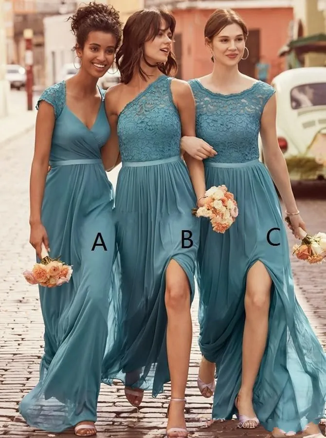 2020 nieuwe bruidsmeisje jurken gemengde teal juwelen nek illusie voor bruiloften kant appliques chiffon split side lange plus size bruidsmeisje van eer jurken