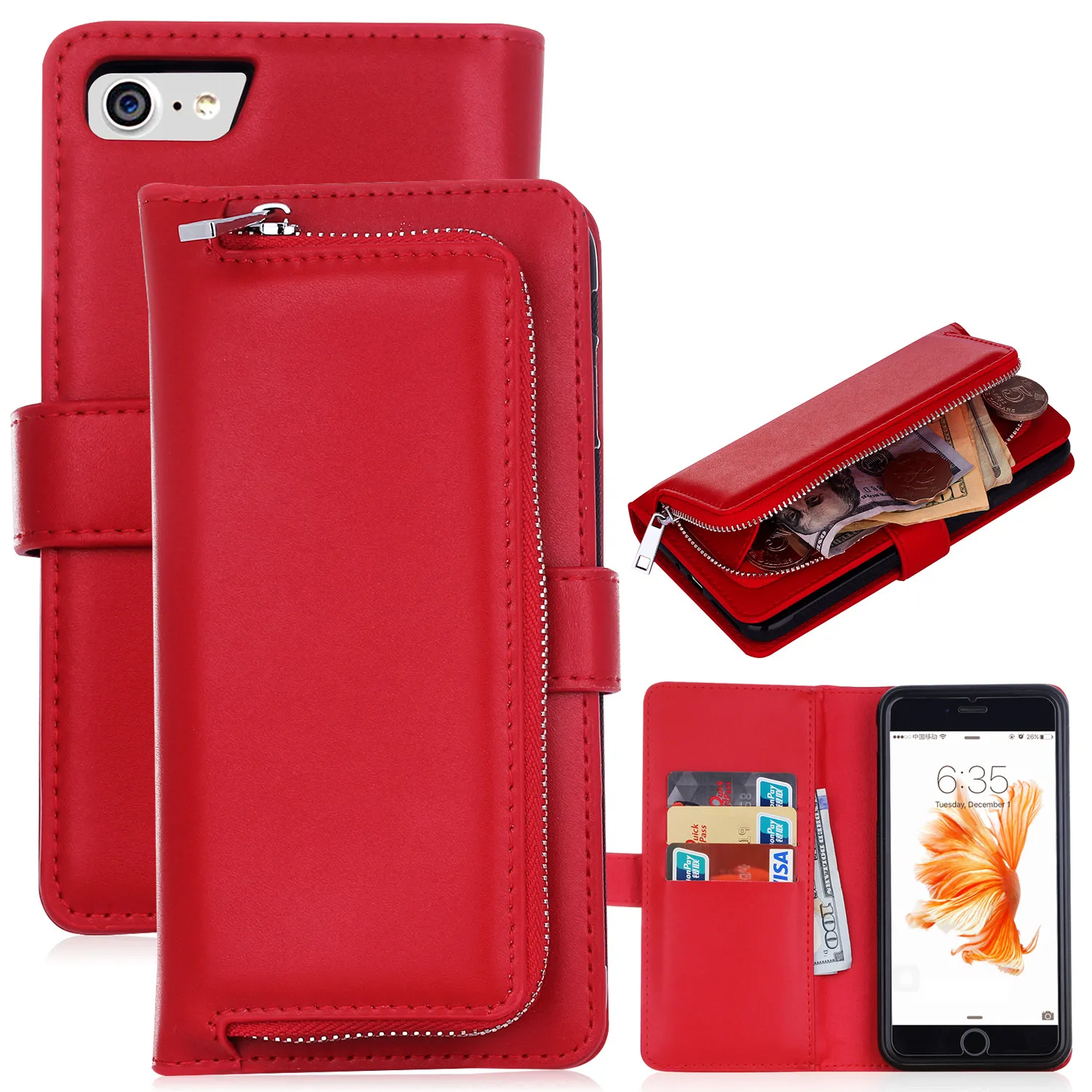 Luxury Zipper Leather Wallet Phone Case For Apple IPhone 7 Flip