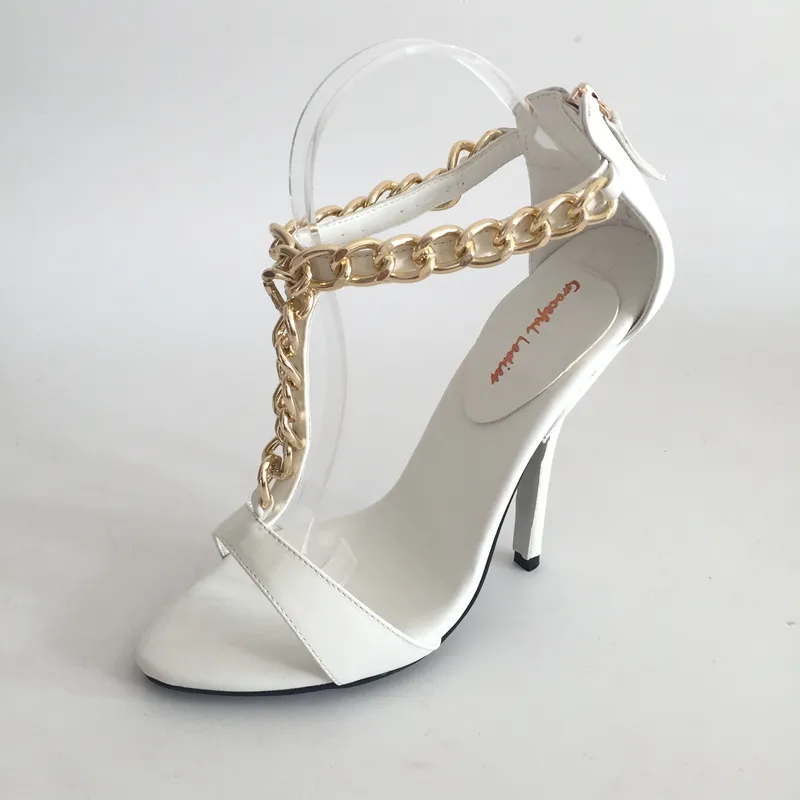 White T-strap Shoes Wedding Sandal Open Toe High Heels Ankle Chain Summer Sandals High Heel Shoes Bridal Plus Size EU34-46 Custom Colors