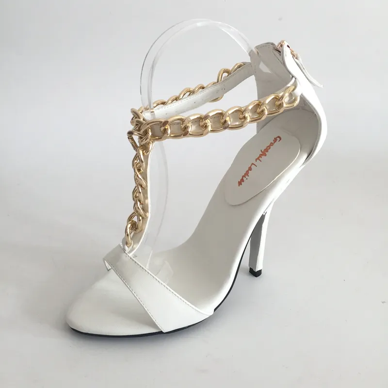 Biały T-Pasek Buty Ślubne Sandal Open Toe High Heels Łańcuch Kostki Sandały Letnie Sandały Heel Heel Buty Bridal Plus Size EU34-46 Kolory niestandardowe