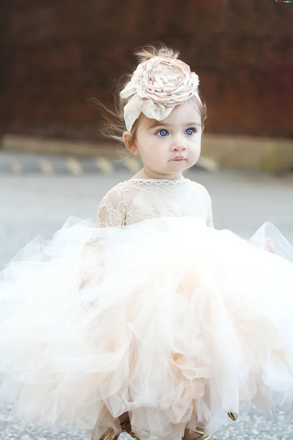 Lovely Puffy Tulle Ball Gown Flower Girl Dress Jewel Lace Long Sleeves Baby Communion Dress Girls Formal Dress For Weddings Christening Dres