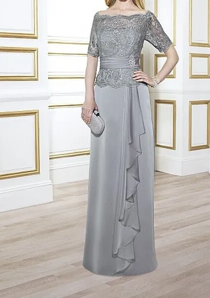 Elegant Mother of the Bride Dresses Light Gray Satin Chiffon with Lace Top Zipper Back Mother's Dresses Off Shoulder Custom Made Plus Size