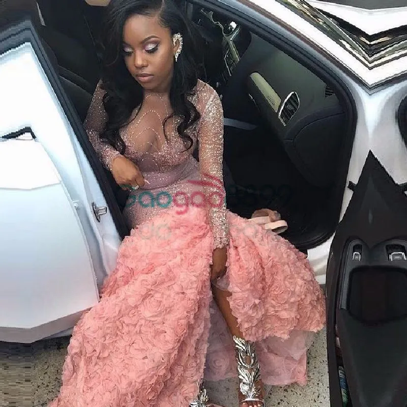 Luxury African Prom Dresses for Black Girl Pink Lace Crystal Engagement aftonklänning långärmad sexig Sheer Custom Made Robe de S1254875