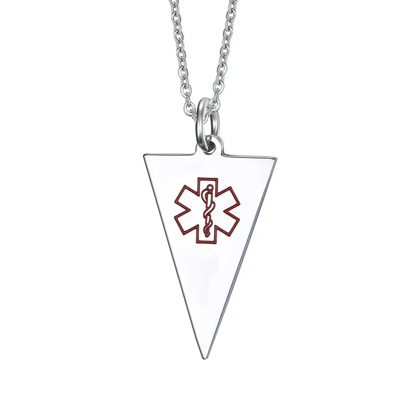 Women Necklaces 316L Stainless Steel Geometric Triangle Medical Alert ID Emergency Pendant kolye with Free Engraving