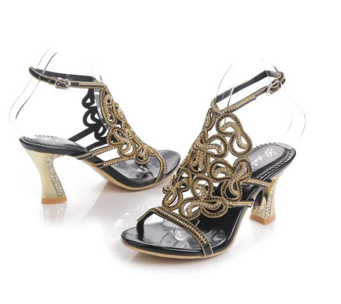 Mode nouvelles sandales strass cristal chaussures à talons hauts chaussures de mariage noir argent or talons à lanières Sandales Femme 8cm