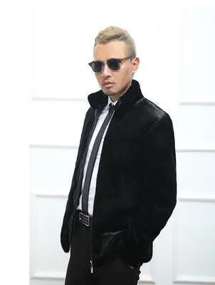 処分品 暖かいカジュアルなファックスウサギの毛皮のコートメンズレザージャケット男性コートヴィラス冬の緩いサーマルアウター17新しい到着ブラック 一年保証付き アパレル メンズ服 Camersa Com