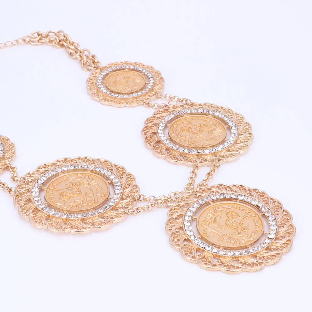 Fashion Italian Dubai Abaya Long Jewelry Sets Gold Coins Women African Gold-Plated Crystal Wedding Costume Necklace Earrings Set