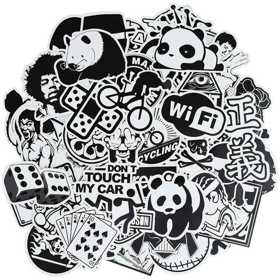 50 pcs aléatoire noir et blanc punk anime autocollants décor à la maison autocollant sur bagages moto skateboard stickers muraux autocollants pour enfants