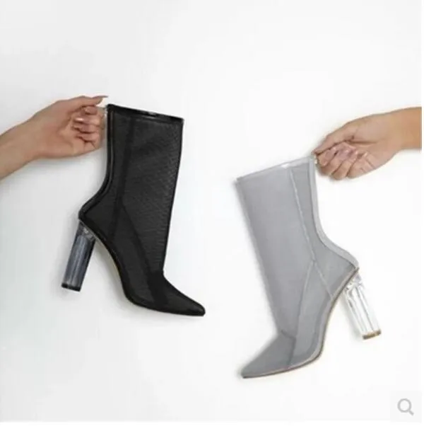 2017 novas mulheres botas de malha de ar calcanhar claro ankle booties chunky calcanhar dedo do pé ponto botas sapatos gladiador sandálias botas mulher