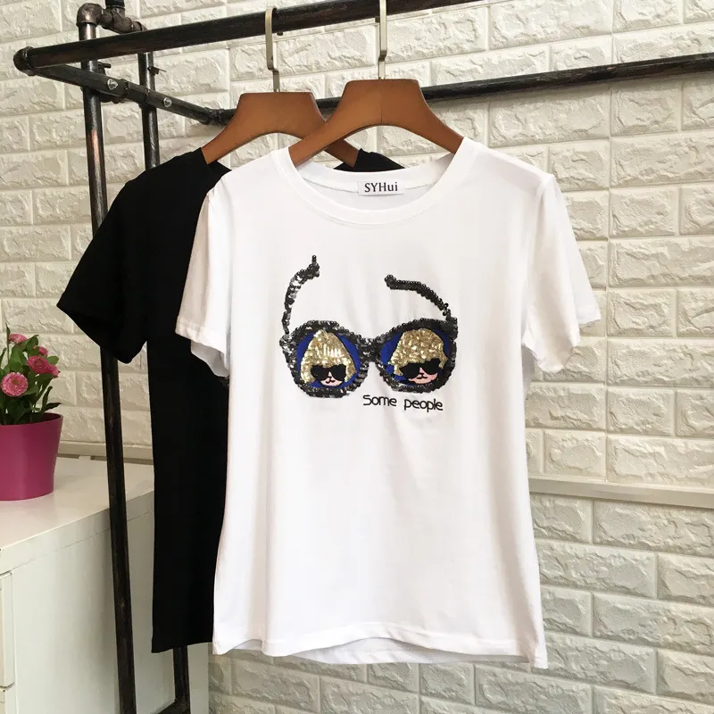 Women Girls Fashion Short Sleeve Sequins Glasses Printing YQ Casual Leisure Fittness Blouse Tees Tops Free Shipping