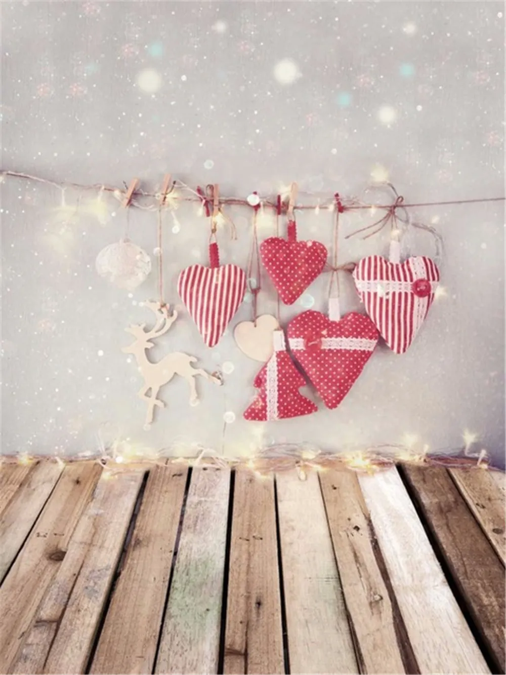 Baby Newborn Merry Christmas Photography Background with Lights Love Heart Decors Polka Dots Vintage Backdrop Wood Planks Floor