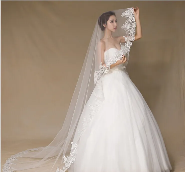 3 Meter Long White Appliqu Edge Wedding Veils For Bridal Marrige With Soft Tulle Bridal Veils Floor Length Wedding Accesories gv14