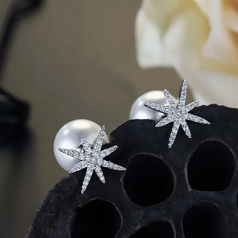 Süße Art Kreative Neue S925 Sterling Silber Pin Sterne Perle Stud Antiallergische Micro-Zirkon Kristall Ohrringe Kostenloser Versand