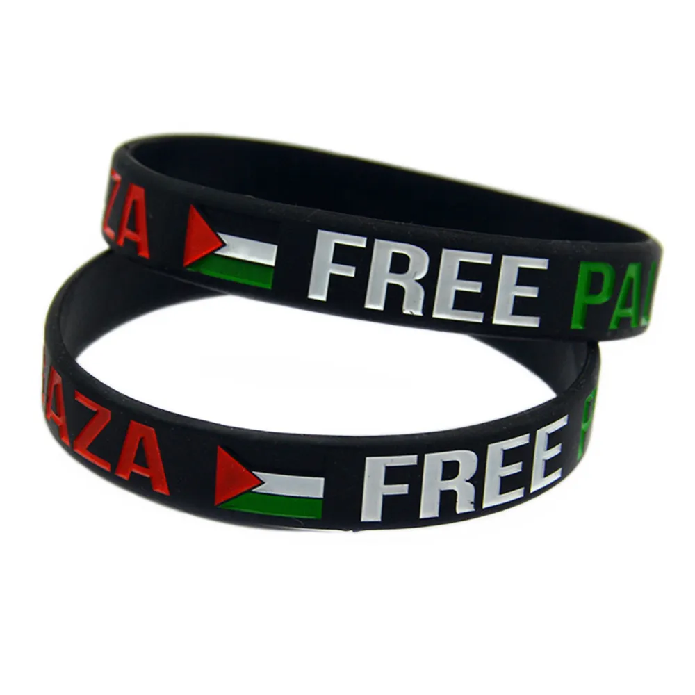 100 stks Opslaan Gaza Gratis Palestina Silicone Rubber Armband Inkt Filled Flag Logo Zwart en transparante kleur
