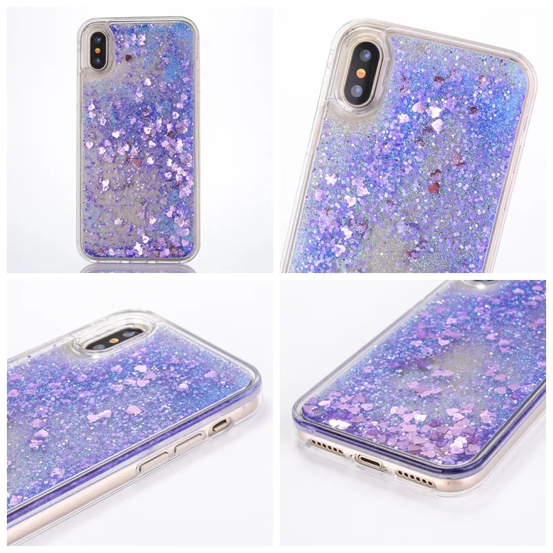 Fashion Heart Love Płyncowe skrzynki dla iPhone'a 15 14 13 Pro 12 11 XS Max Xr x 8 Plus 7 6 5 twarde plastikowe piaski TPU i pływający błyszczący błyszczący magiczny dynamiczny pokrywę proszku