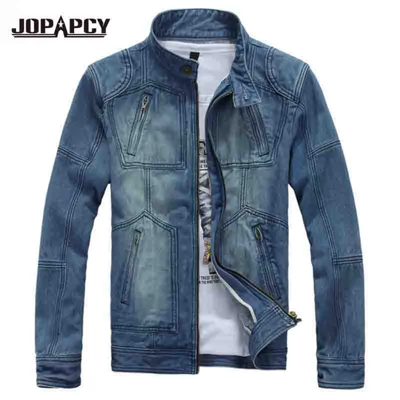 Wholesale- Men's Patchwork Jeans Jackets Pockets Outdoors Zipper Denim Jacket Men Casual Slim Jaquetas Masculino Plus Size MXA0326