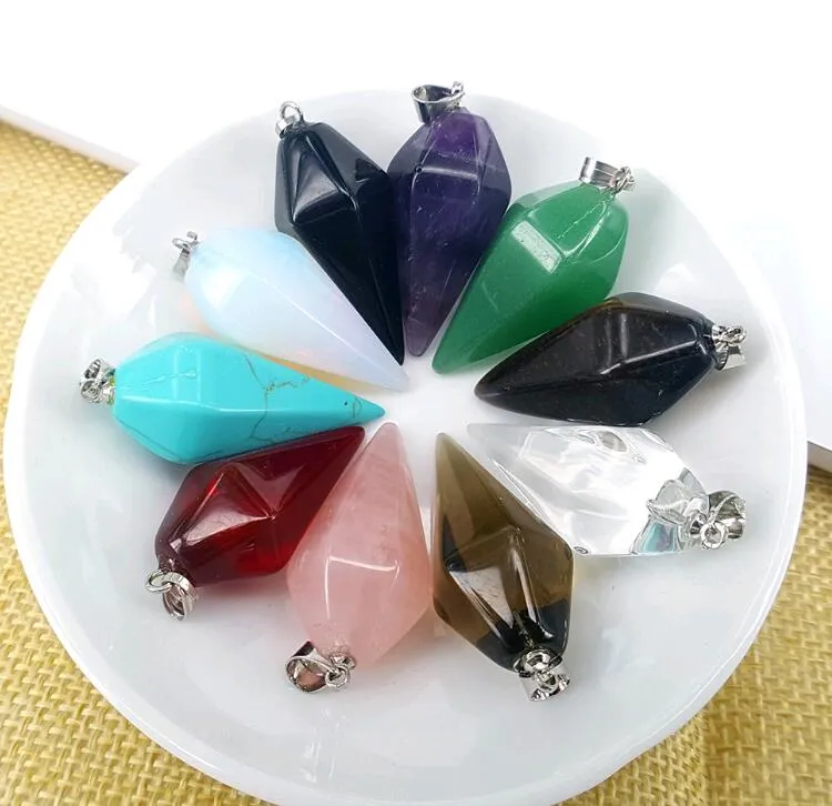 Atacado Natural de Cristal Pingente de Colar Homens Hexagonal Apontou Cone Gemstone Jóias para As Mulheres 10 cores Mix ordem