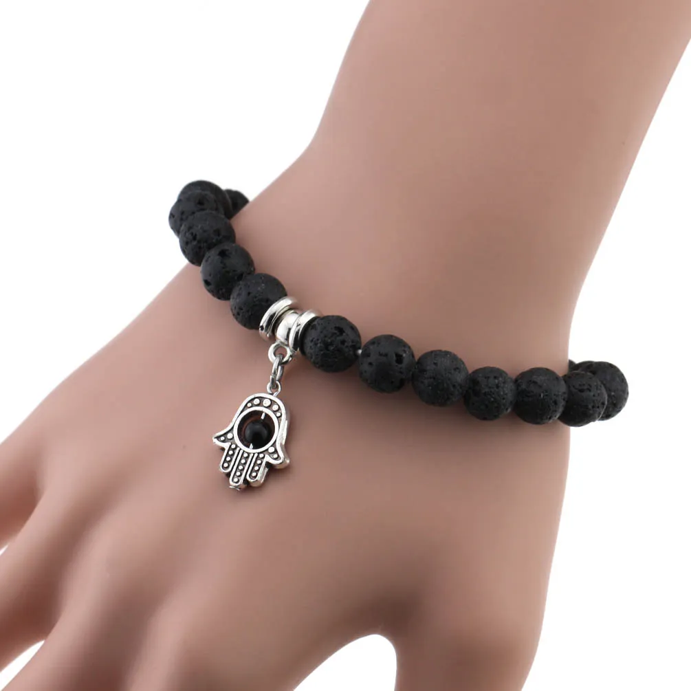 Bracciali con perline di roccia lavica calda Timone albero croce piuma stella fascino Bracciale elasticizzato in pietra naturale nera gioielli artigianali di moda da donna