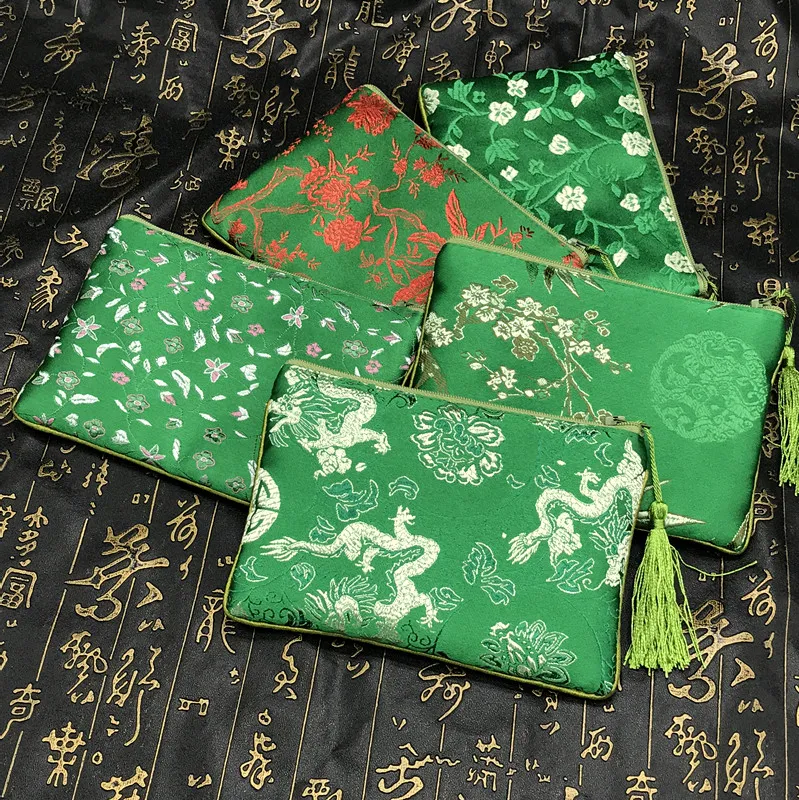 Tassel Thicken Chinese Silk Brocade Bag for Phone Pouch Decorating Gift Bags for Jewelry Bags Small Zipper Pouch Coin Purse 2pcs/lot