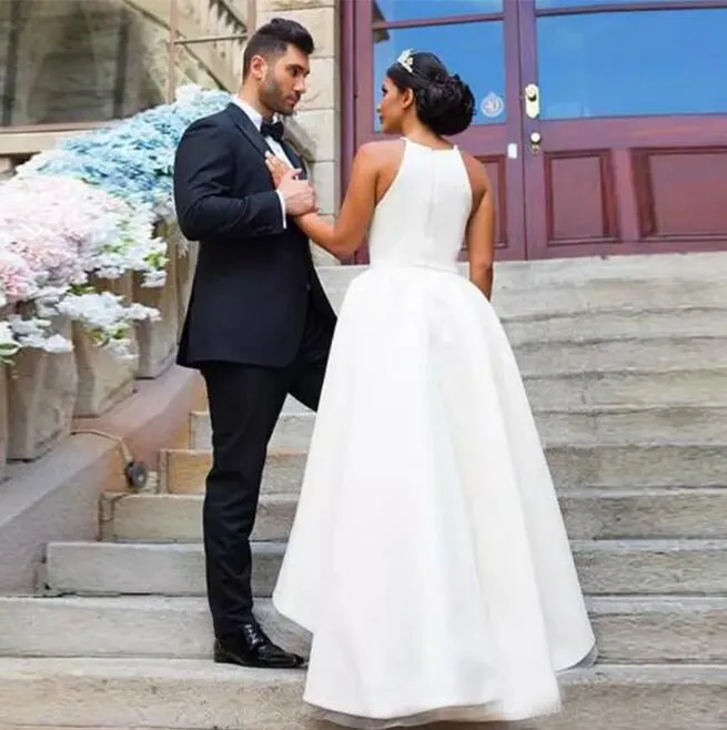 halter high low wedding dress Satin Simple Halter A-line High Low Bridal Gowns