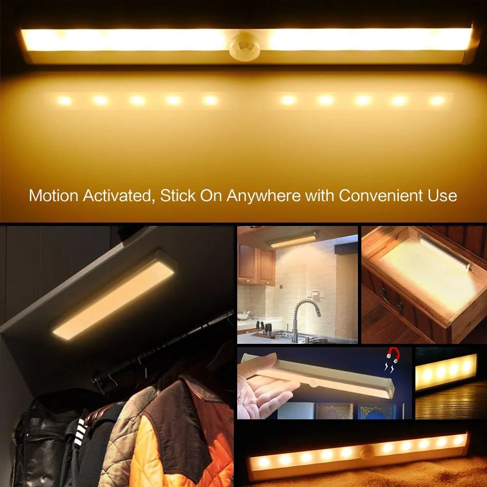 LED Bar Lights USB Rechargeable Sensor 10 Lights Wireless PIR Motion Sensing Wall Night with Stick-on anywhere Wardrobe