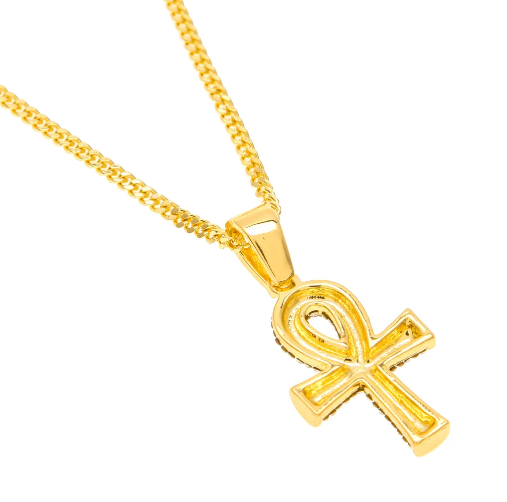 Ankh egiziano chiave della vita Bling ciondolo croce strass con pendenti rotondi in rubino rosso collane set gioielli hip-hop da uomo