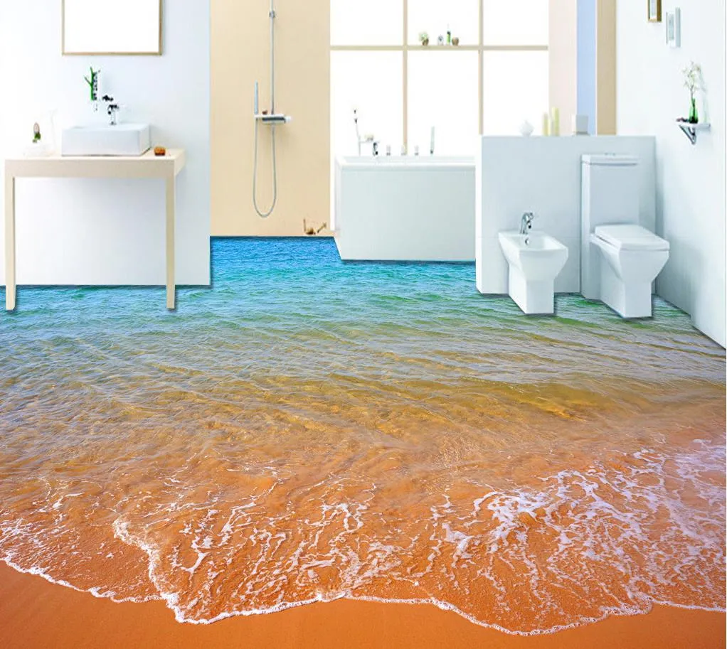 Top Classic 3D estilo europeo olas de playa 3D pintura de suelo de baño papel tapiz para baño impermeable 5946953