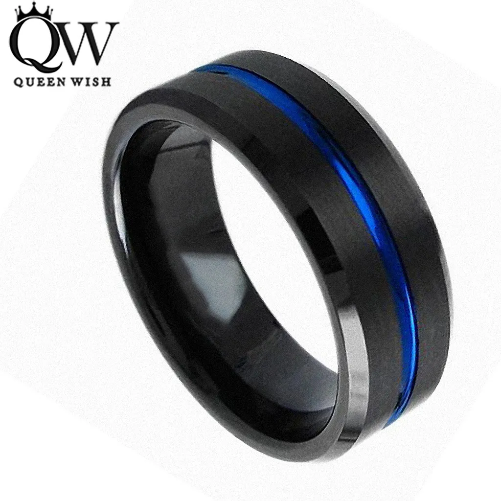 Queenwish Tungsten Engagement Rings for Men 8mm Tungsten Carbide Ring Black Brushed Blue Stript Matching Couple Wedding Band Unique Jewelry