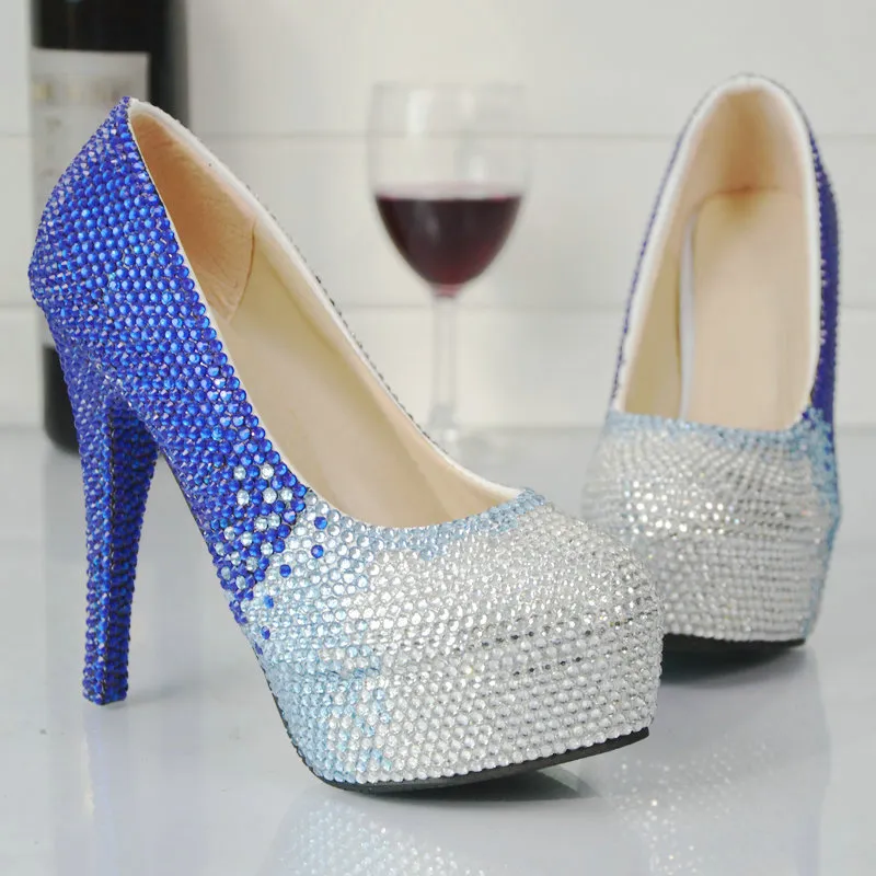 Nieuwe Designer Handgemaakte Rhinestone Trouwschoenen Blauw met Silver Crystal Bridal Shoes Platform Prachtige Prom Party Pumps