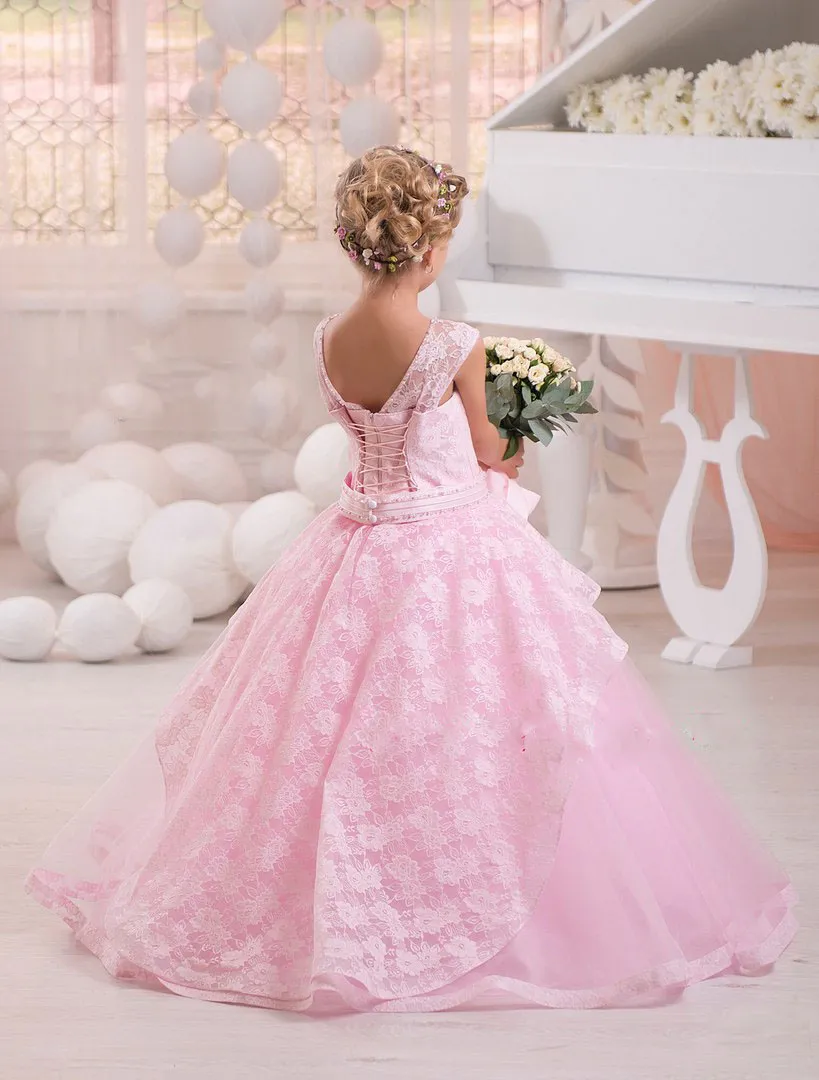 2017 Hot Yellow Pink Scoop Ball Gown Puffy Princess Dress Flower Girl Abiti Girls Pageant Abiti ragazze Compleanno Party Dress formale