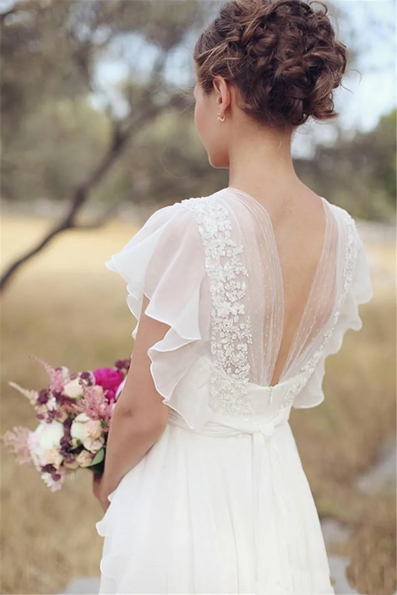 Modest Beach Boho Abiti da sposa Scollo a V Una linea Cap maniche Abito da sposa Vestidos De Novia Abiti da festa incinta Taglia personalizzata