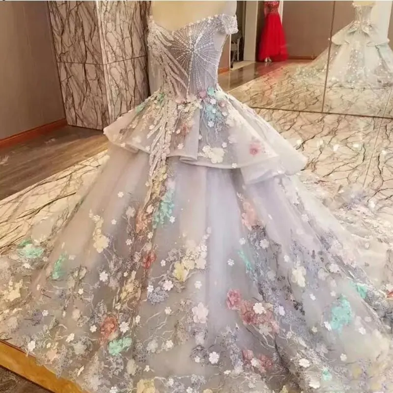 Fairy Kolorowe Off The Ramię Suknie Ślubne 2018 Wiosna Lato Organza Wielowarstwowe Suknie Ślubne Koronkowe Aplikacje Dubaj Wedding Vestidos