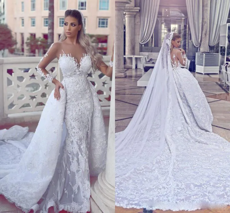 2017 Luxury Lace Detachable Train Mermaid Wedding Dresses With Sheer Neck Long Sleeves Bridal Gowns Appliques Back Buttons Vestidos