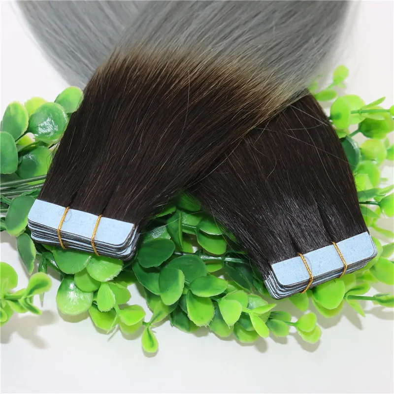 Tape In Human Hair Extensions Ombre Hair Two Tone Colored 1b Grey Silver Gray Glueless 100gram Brazilian Virgin Hair Skin Weft