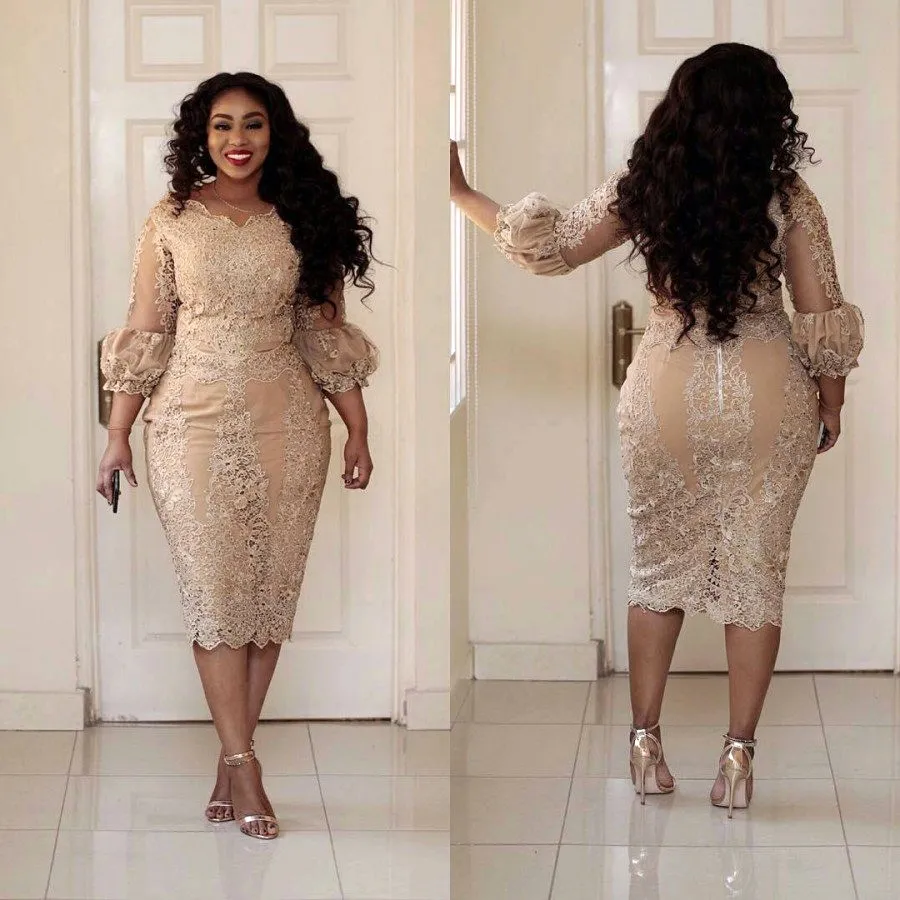 2017 Sexy Plus Size Cocktail Dresses Jewel Neck Applique 34 Sleeve Zipper Tea Length Prom Dress Fashion Champagne Pretty Woman Pa4040498