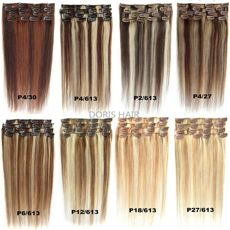 Blond Black Brown Silky Straight Real Human Hair Remy Clip в расширениях 15-24 дюйма 70G 100G 120G Бразильский индейцы для полной головы двойной уток