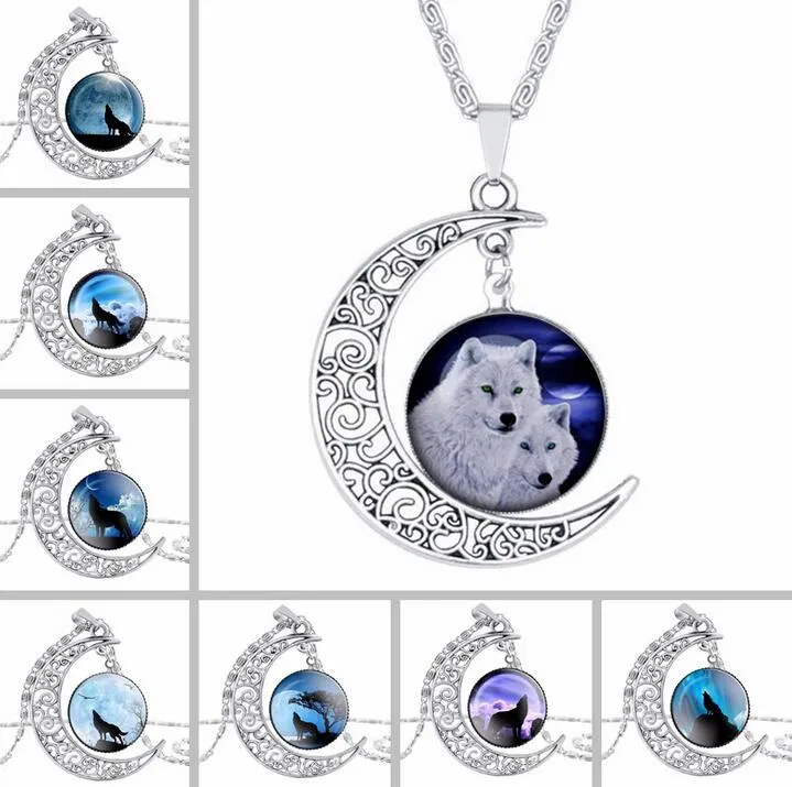 Free shipping Wolf Pattern Moon Time Gemstone Necklace Pendant WFN178 (with chain) mix order 20 pieces a lot