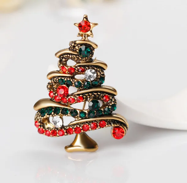 Klassieke Rhinestone Christmas Tree Broches Antiek Gold Ploated Alloy Women Girls Broche Pins Sieraden Kerstmis Decor Accessoires