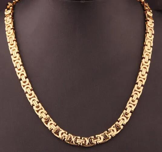 High Qulaity Gold Tone rostfritt stål Fashion Flat Byzantine Chain Halsband 8mm 24 '' Kvinnors gåva smycken för 307K