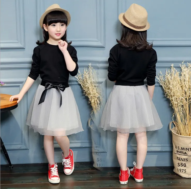 2017 enfants printemps vêtements ensemble à manches longues noir T-shirt + jupes en maille 2pcs ensemble filles tenues grande fille robe tenue fille vêtements ZJ17-3