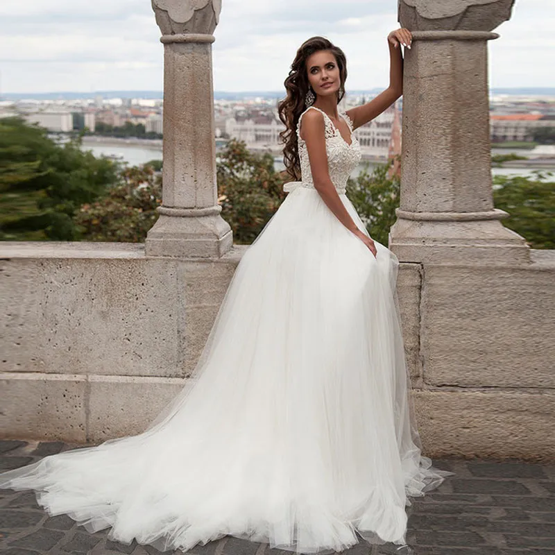 Proste Koronkowe Tulle Suknie Ślubne 2019 Sukienki Dresses Line Open Powrót Suknia Ślubna Robe de Mariage Suknie ślubne z Sash Vestido De Novia