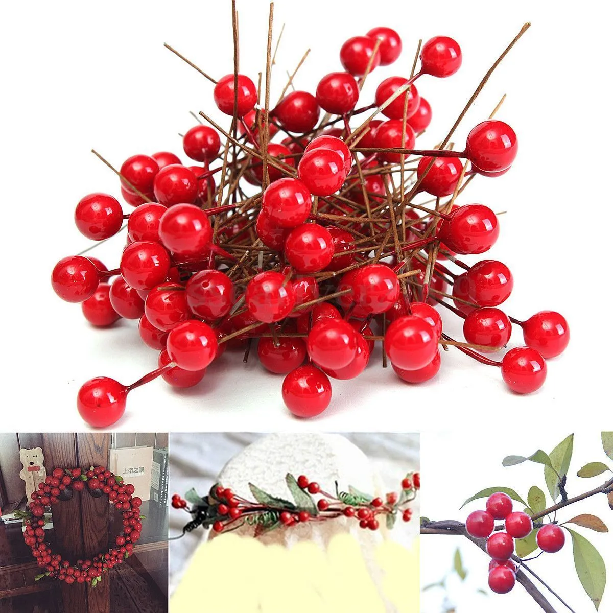 Gros-90pcs / Lot Rouge De Noël Artificielle Fruits Berry Houx Fleurs Pick DIY Artisanat Maison De Mariage De Noël Partie Décoration Arbre Ornement