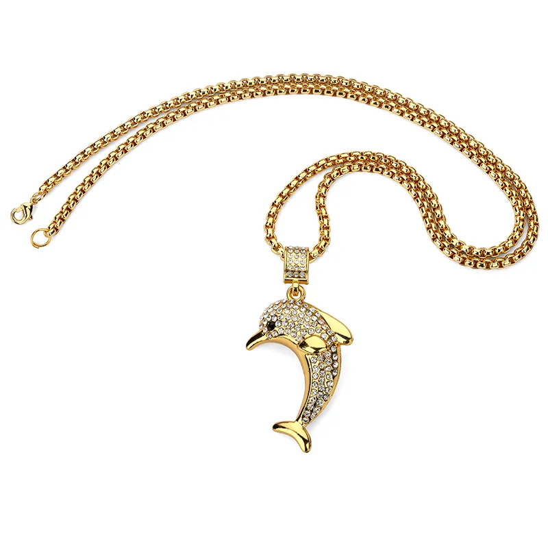 Hot Animal Pendant Necklace Hip Hop Cute Dolphins Crystal Rhinestone Long Chain Necklaces & Pendants Jewelry Men Women Gift