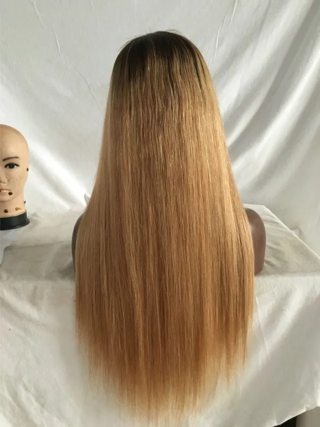 1b 27 ombre brasilianska raka spets framkant humant hår peruker honung blond remy 13x4 spets frontal ombre mänskligt hår peruk för kvinnor