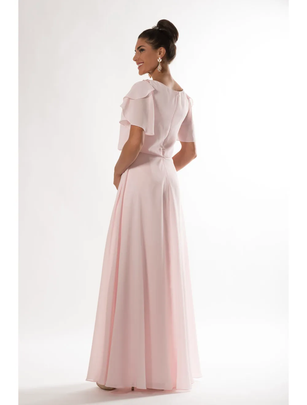 Robes de demoiselle d'honneur modestes modestes de rose clair avec manches de flottement en ligne A-line Longueur formelle soirée Femmes de mariage robe de fête de mariage sur mesure 234Q