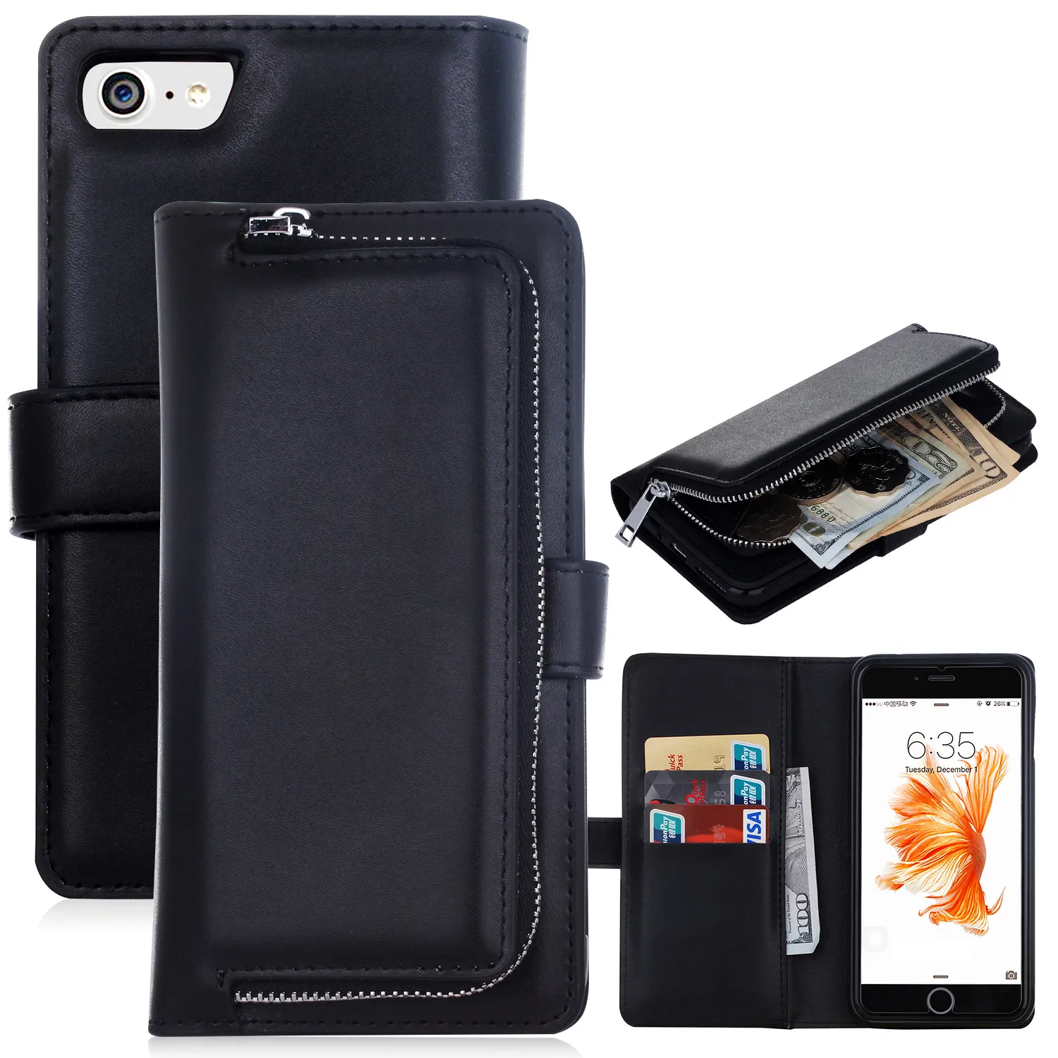 2 in 1 Magnet Detachable Removable Zipper Leather Wallet Cases Cover for iphone 7 8 