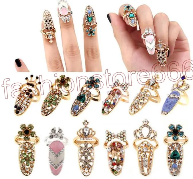 Modet Rhinestone Cute Bowknot Finger Nail Ring Charm Crown Flower Crystal Female Personality Nail Art Rings3043