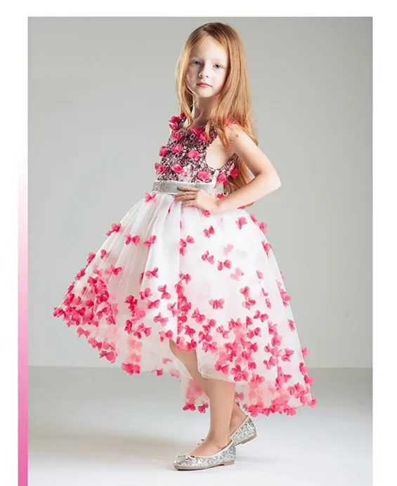 Mooie baljurk meisjes jurk met vlinder bloemen en kralen sjerp voor liefje prinses meisjes pageant jurk